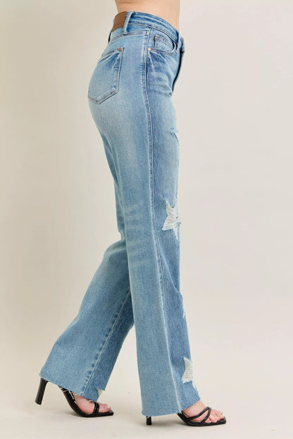 Judy Blue Full Size High Waist  Rigid Magic Star Shaped Destroy 90's Straight Jeans Plus Size Garden Naked Curves