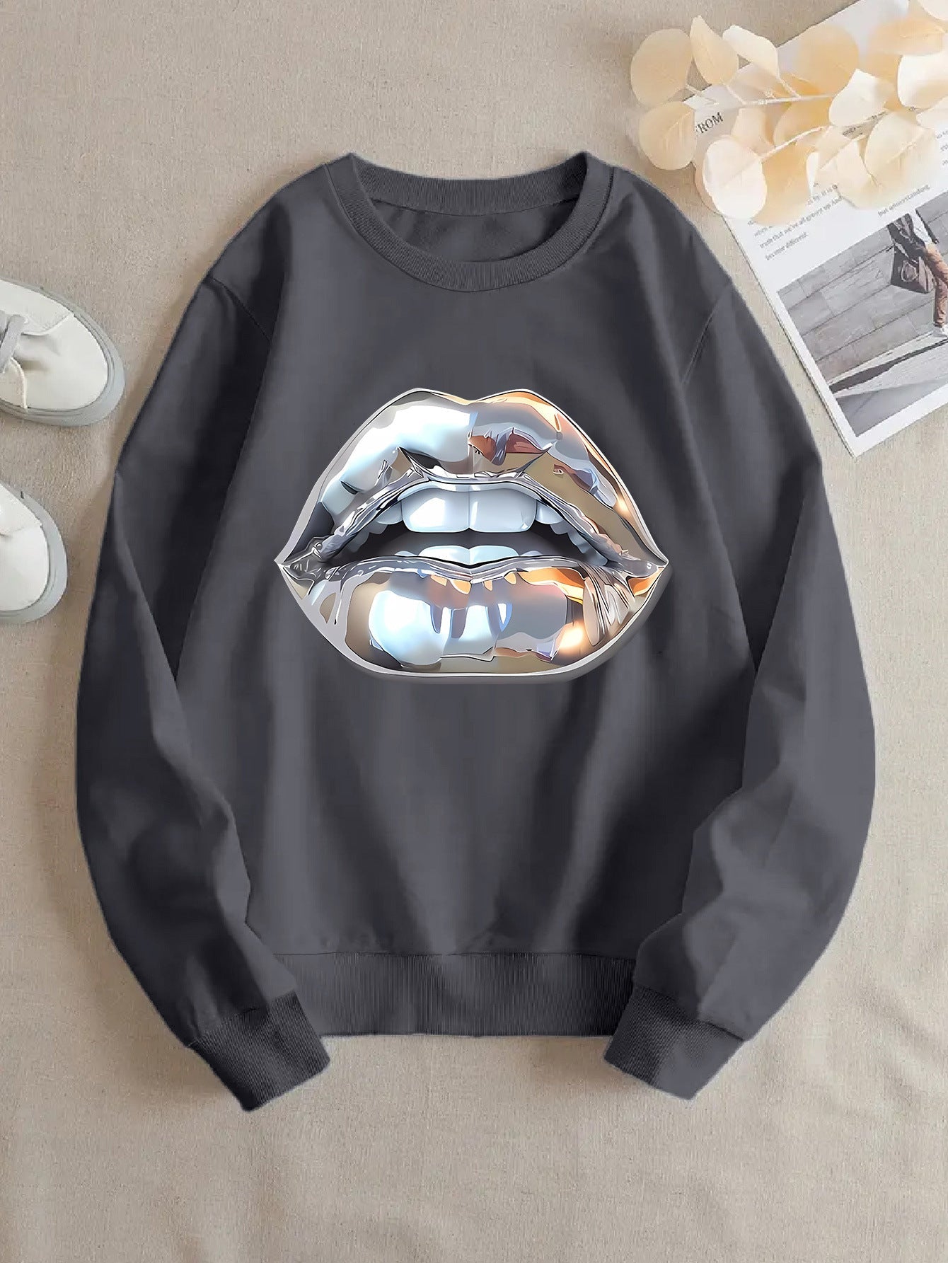 Womens Cartoon Silver Lip-Printed Sweatshirt See size chart under “more details” The Fashion Celestial