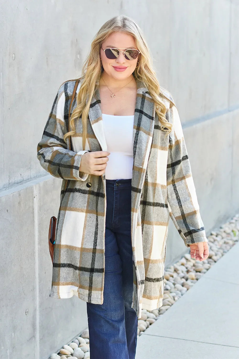 Double Take Full Size Plaid Button Up Lapel Collar Coat West2East Surf
