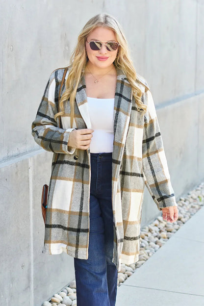 Double Take Full Size Plaid Button Up Lapel Collar Coat West2East Surf