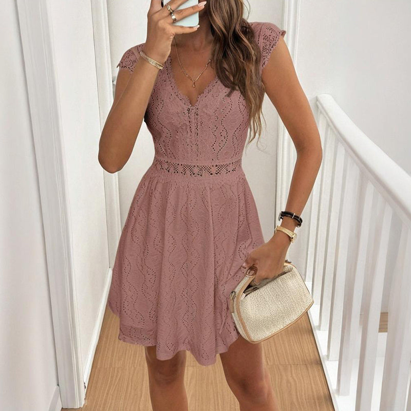 Women’s V‑Neck Short‑Sleeve Dress with Lace Trim FitiqueFit