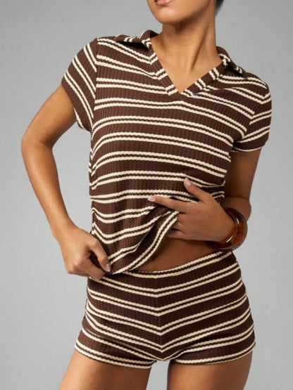 Striped Knit Short Sleeve Top & Shorts Set New Era Fashion LLc