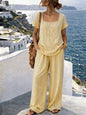 Women's Square-Neck Short-Sleeve Pantsuit – Cotton Blend Two-Piece Set FitiqueFit