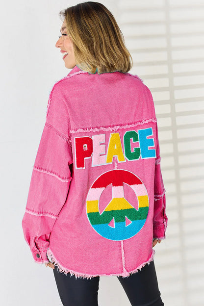 PEACE Raw Hem Dropped Shoulder Denim Top New Era Fashion LLc