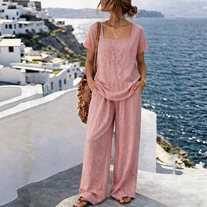 Women's Square-Neck Short-Sleeve Pantsuit – Cotton Blend Two-Piece Set FitiqueFit