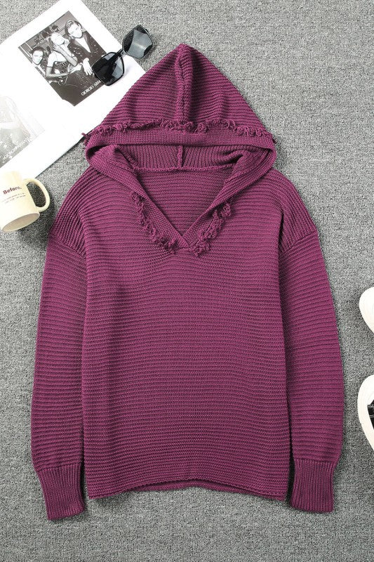 Solid Ribbed Drop Shoulder Hooded V-Neck Sweater Shop Style & More | Fresh Looks, Everyday Deals & Free Shipping