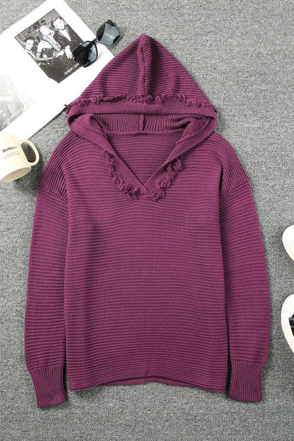 Solid Ribbed Drop Shoulder Hooded V-Neck Sweater Shop Style & More | Fresh Looks, Everyday Deals & Free Shipping