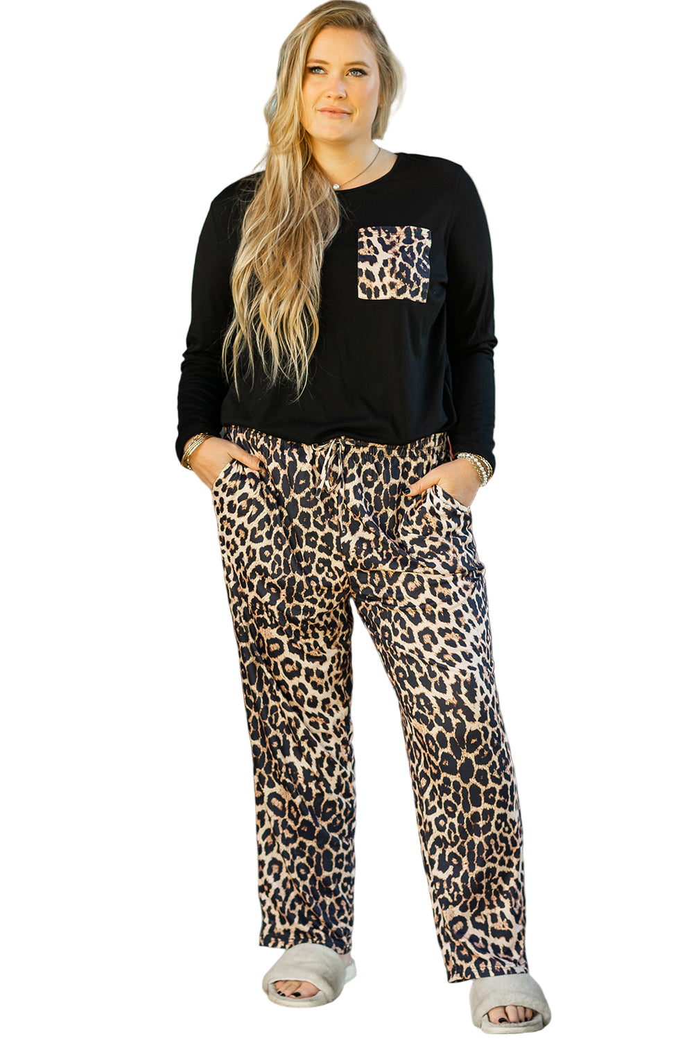 Black Leopard Patched Pocket Long Sleeve Top Plus Size Pants Set Garden Naked Curves