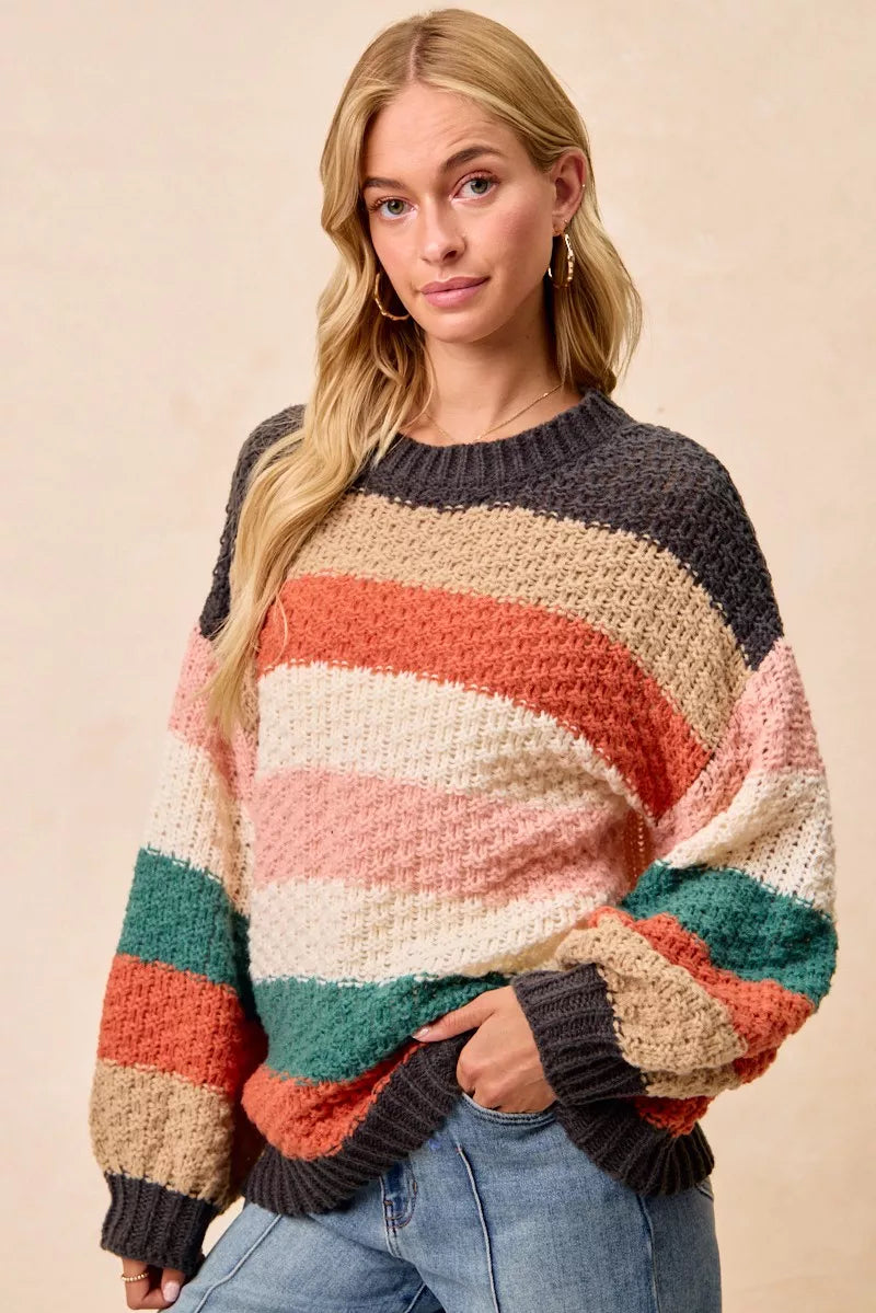 BiBi Stripes Color Block Chunky Sweater FitiqueFit