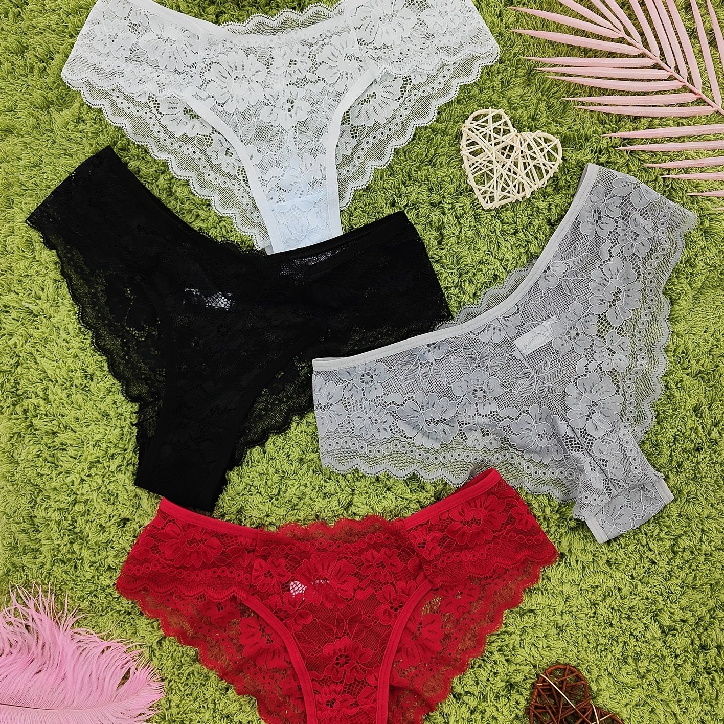 4 Pcs Women's Elegant Sheer Jacquard Lace Bikini Panties, Mid Stretch Low Waist Panties, Women's Lingerie & Underwear NovaCart