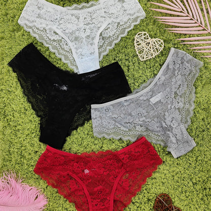 4 Pcs Women's Elegant Sheer Jacquard Lace Bikini Panties, Mid Stretch Low Waist Panties, Women's Lingerie & Underwear NovaCart