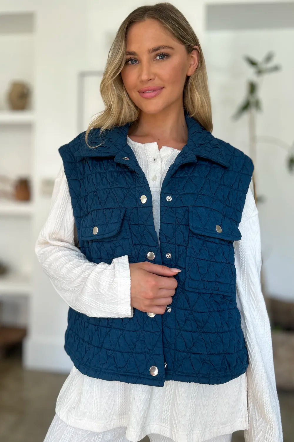 Double Take Full Size Pocketed Texture Snap Down Vest Coat New Era Fashion LLc