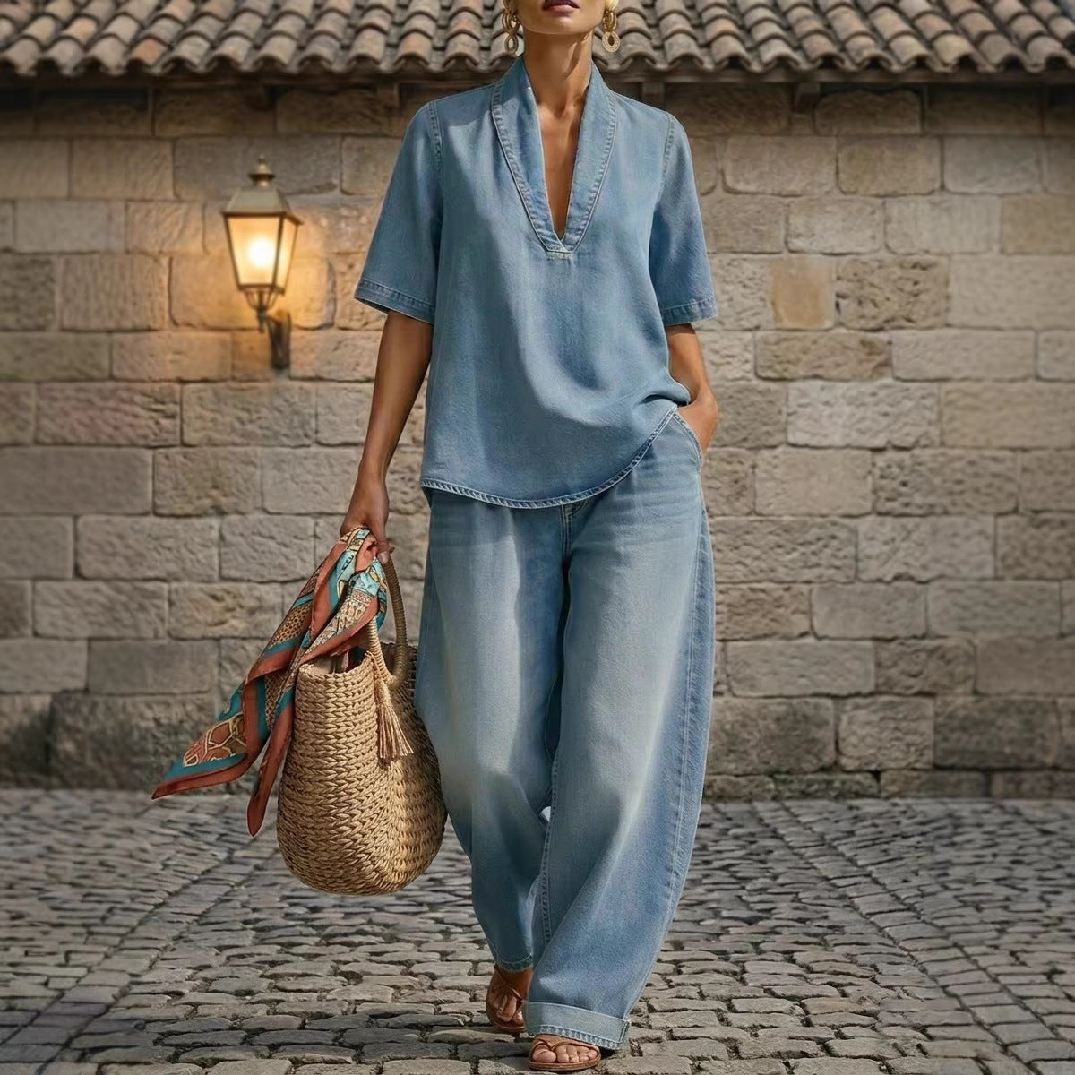 Retro V-Neck Washed Denim Top & Wide-Leg Pants Set – 3 Colors, S–3XL FitiqueFit