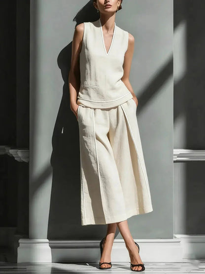 Women's Sleeveless Linen Shirt & Cropped Pants Set – Casual 2-Piece Outfit FitiqueFit