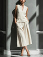Women's Sleeveless Linen Shirt & Cropped Pants Set – Casual 2-Piece Outfit FitiqueFit