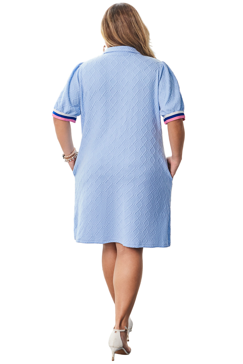 Beau Blue Contrast Striped Trim Zipped Stand Collar Textured Puff Sleeve Plus Size T Shirt Dress Garden Naked Curves