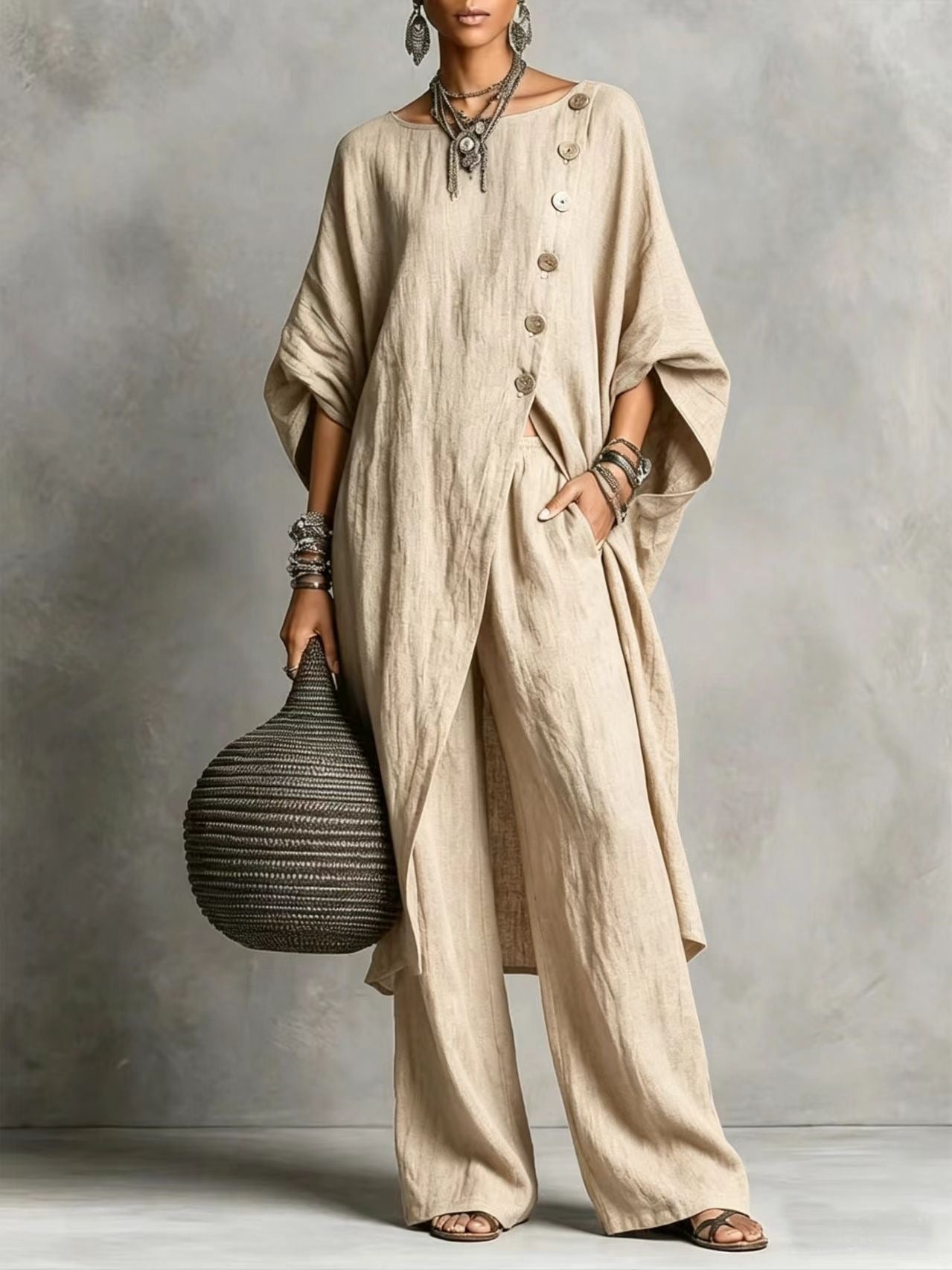 Women's Drop Shoulder Three-Quarter Sleeve Irregular Shirt & Pants Set FitiqueFit