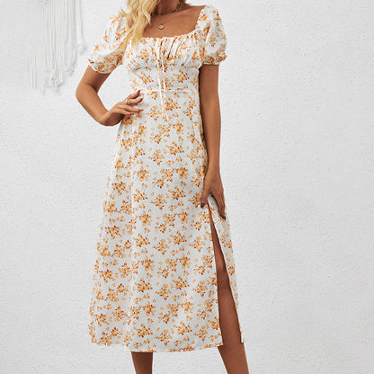 Square Neck Floral Print Dress With Puff Sleeves & Side Slit Maxi Dress FitiqueFit