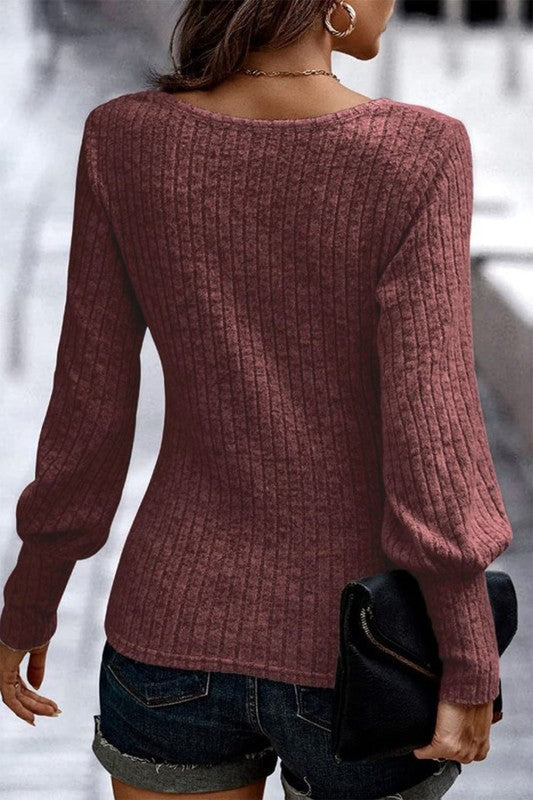 Mineral Red Ribbed Bishop Sleeve Round Neck Top Shop Style & More | Fresh Looks, Everyday Deals & Free Shipping