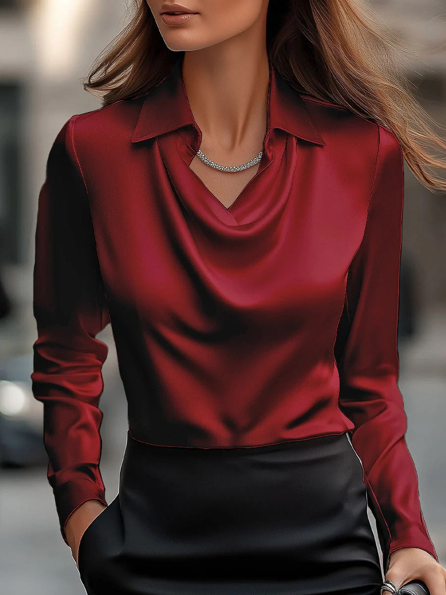 Long Sleeve Satin Swing Collar Top | Elegant Commuter Shirt FitiqueFit