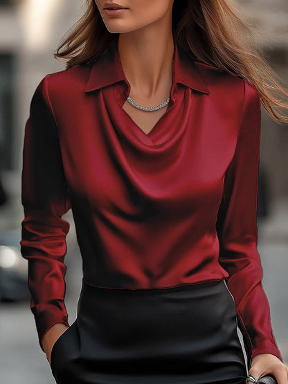 Long Sleeve Satin Swing Collar Top | Elegant Commuter Shirt FitiqueFit