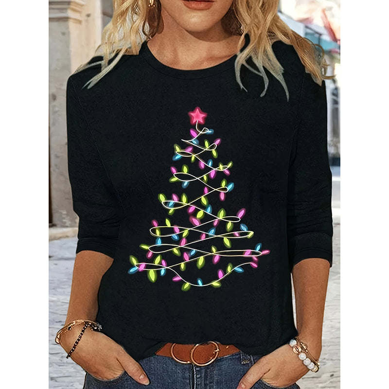 Women’s Long Sleeve Merry Christmas T-Shirt – Cute Christmas Tree Graphic Tee FitiqueFit
