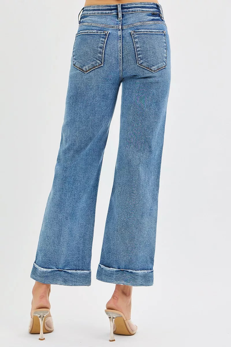 RISEN Full Size Mid Rise Crop Straight Jeans with Taylor Cuffed Plus Size West2East Surf
