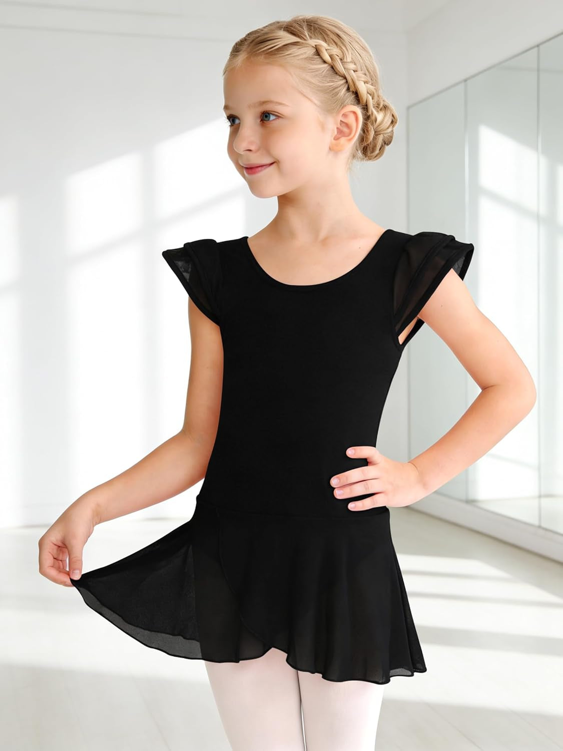Girls’ Ballet Dance Leotards with Flutter Sleeve Petal Skirt and Bowknot Back