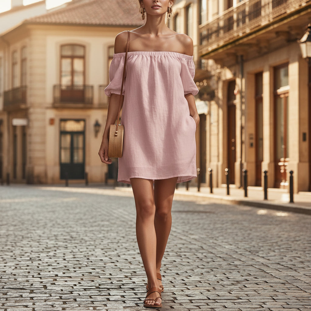 Women's Cotton-Linen Off-Shoulder Puff-Sleeve Loose Mini Dress FitiqueFit