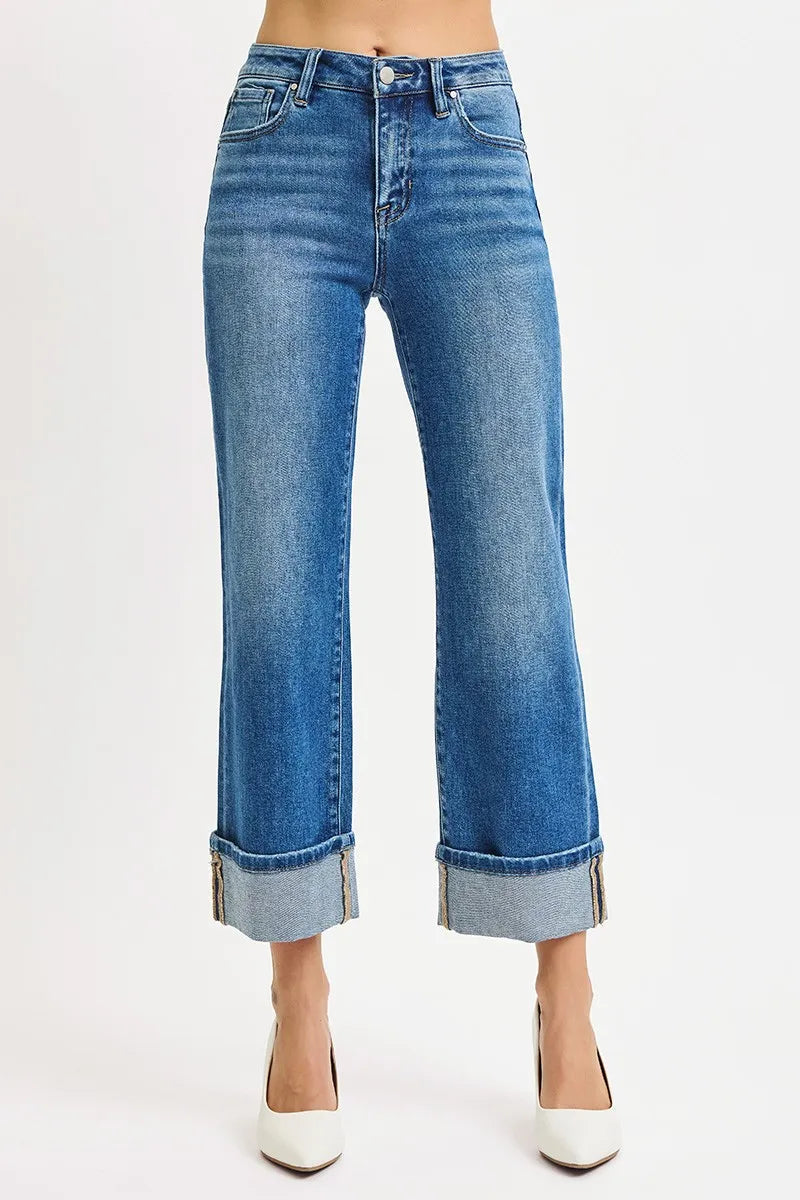 RISEN Full Size Mid Rise Crop Straight Cuffed Jeans Plus Size West2East Surf