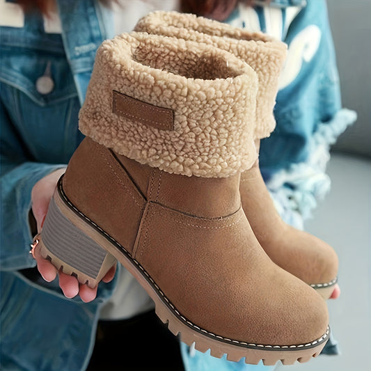 Women's Warm Faux Fur Lined Boots, Slip On Block Heeled Ankle Boots, Women's Footwear NovaCart