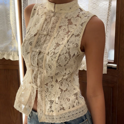 Lace Crochet Stand Collar Slim-Fit Sleeveless Top – 3 Colors, S–L FitiqueFit