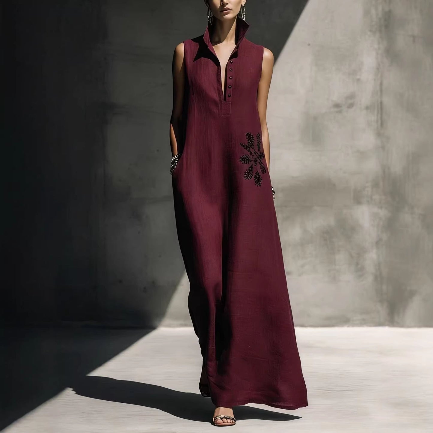 Women's Cotton Linen Mandarin Collar Maxi Dress – Graphic Print with Pockets FitiqueFit