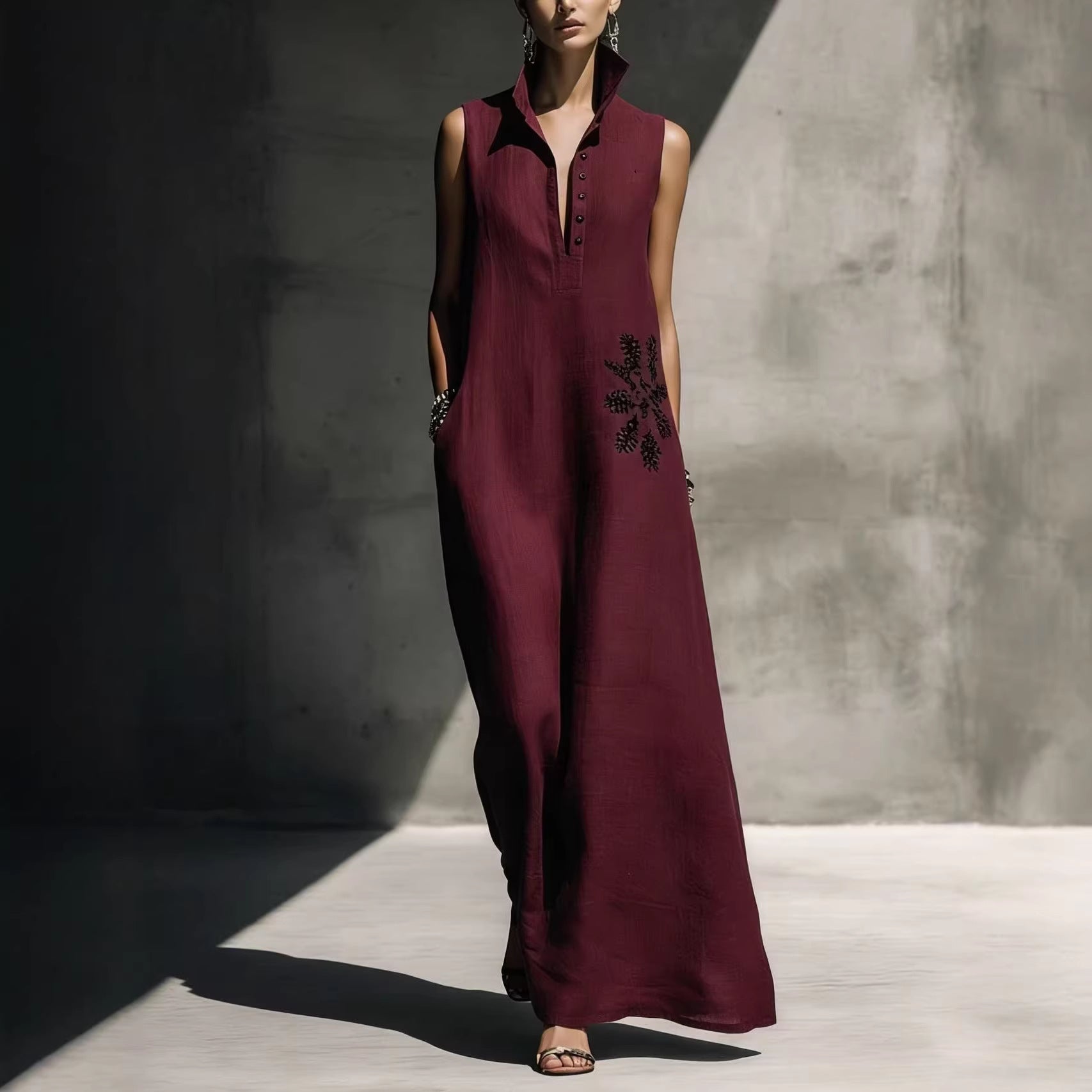 Women's Cotton Linen Mandarin Collar Maxi Dress – Graphic Print with Pockets FitiqueFit