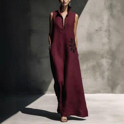 Women's Cotton Linen Mandarin Collar Maxi Dress – Graphic Print with Pockets FitiqueFit
