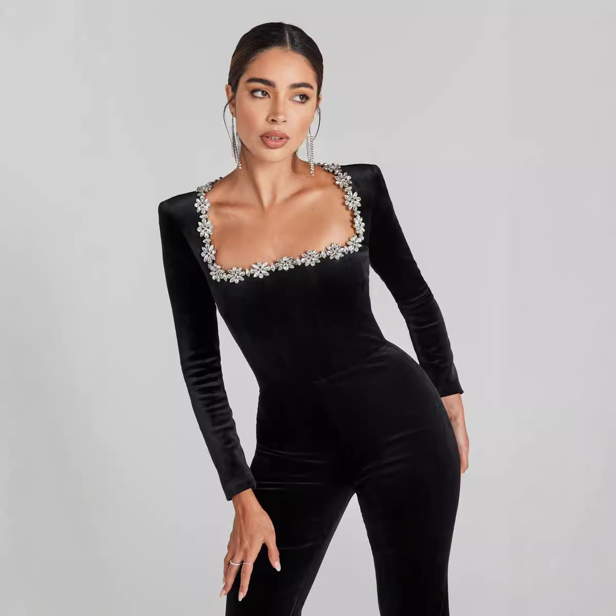Women’s Diamond-Encrusted Square-Collar Flared Jumpsuit FitiqueFit