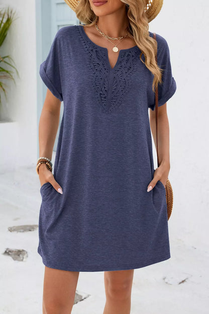 Lace Trim Notched Short Sleeve Dress New Era Fashion LLc