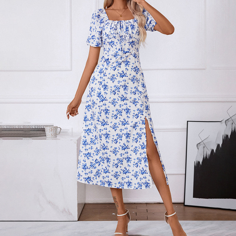 Square Neck Floral Print Dress With Puff Sleeves & Side Slit Maxi Dress FitiqueFit