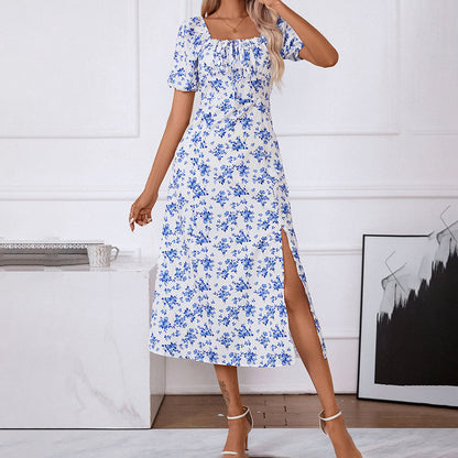 Square Neck Floral Print Dress With Puff Sleeves & Side Slit Maxi Dress FitiqueFit