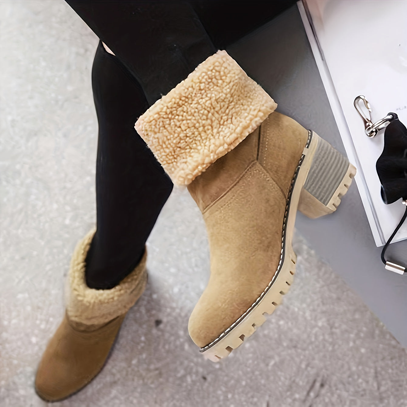 Women's Warm Faux Fur Lined Boots, Slip On Block Heeled Ankle Boots, Women's Footwear NovaCart