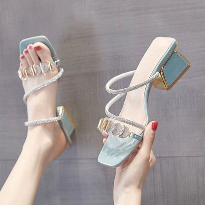Women's Korean Style Rhinestone Single Strap Slide Sandals – Mid Chunky Heel FitiqueFit