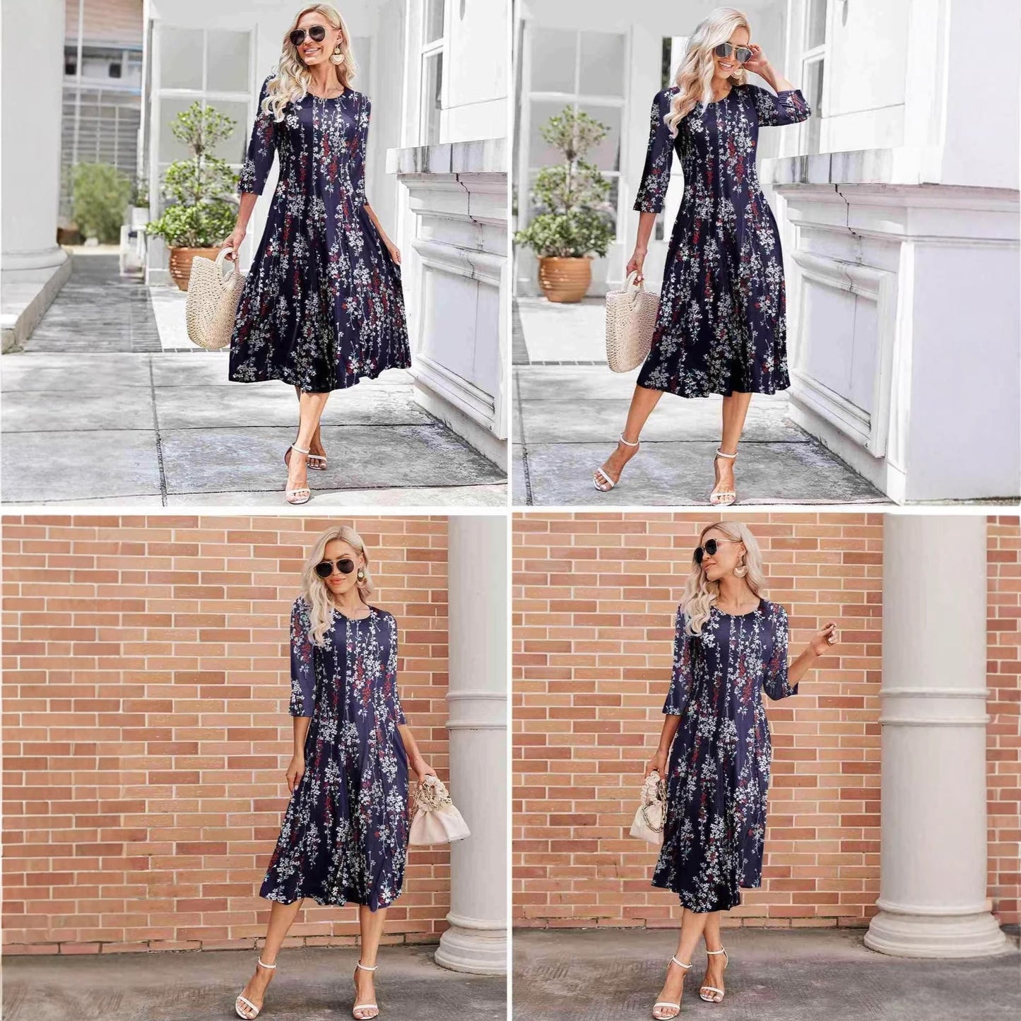 Women’s Floral Patchwork Three-Quarter Sleeve Dress FitiqueFit