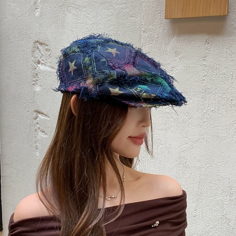 Colorful Plaid Star Distressed Beret — Korean Style Five-Pointed Hat FitiqueFit