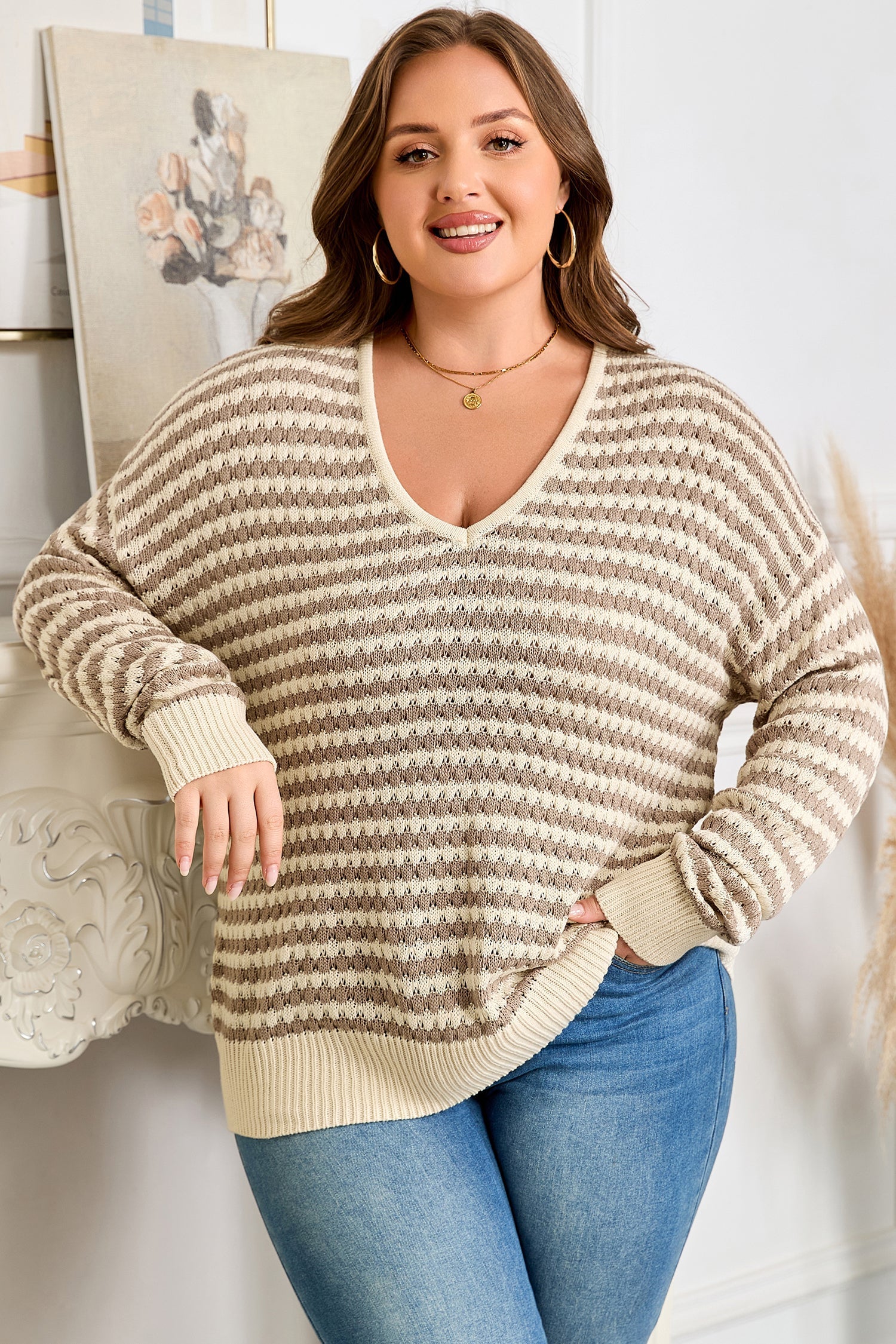 Khaki Stripe Plus Size V Neck Drop Shoulder Sweater Garden Naked Curves