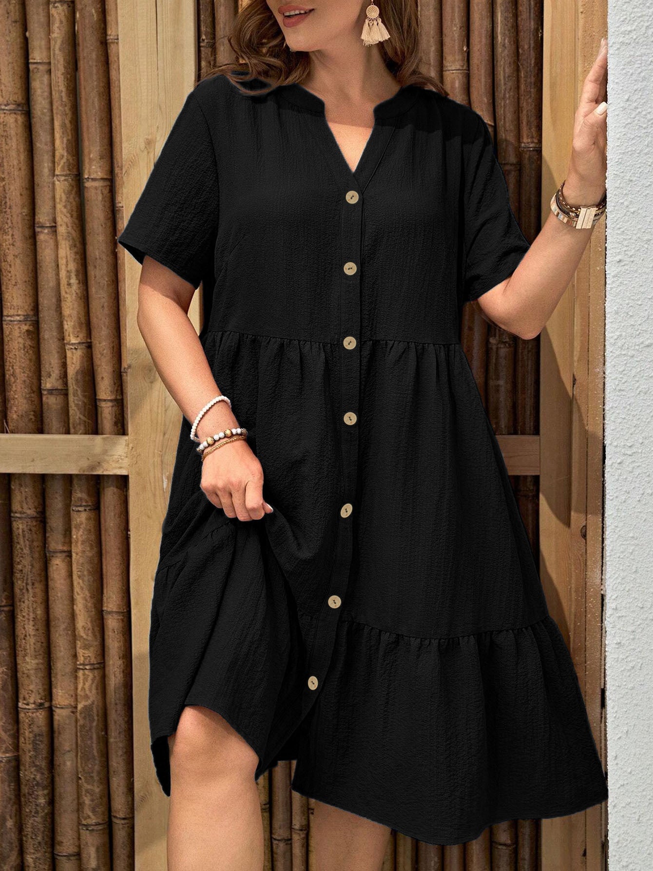Plus-Size Button-Front V‑Neck Midi Dress FitiqueFit