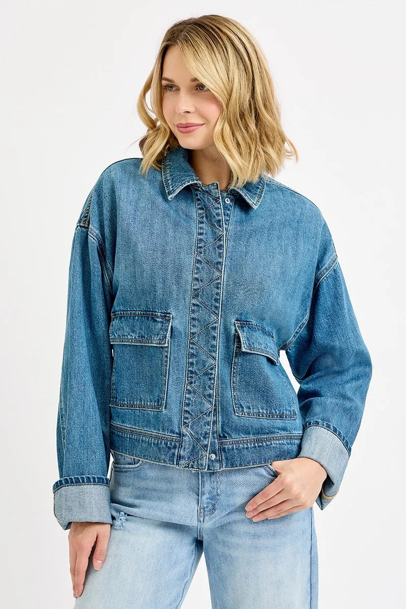 RISEN Oversized Cargo Pocket Denim Jacket with Cuffed Sleeves West2East Surf
