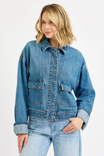 RISEN Oversized Cargo Pocket Denim Jacket with Cuffed Sleeves West2East Surf