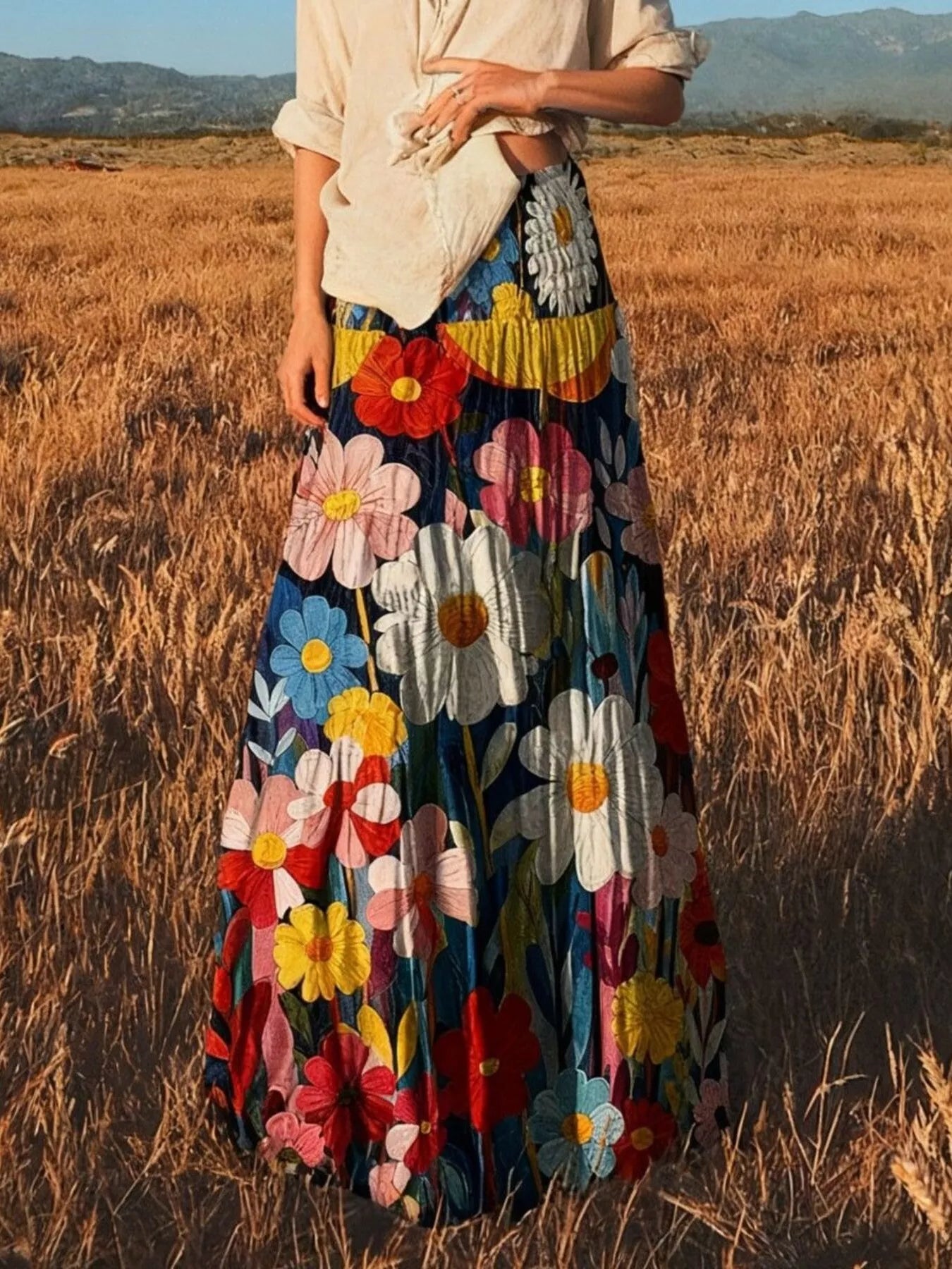 Floral Print Flowy Maxi Skirt See size chart under “more details” The Fashion Celestial
