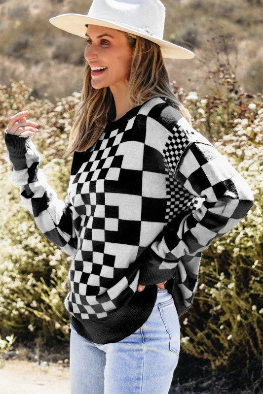 Checker Round Neck Drop Shoulder Sweater Shop Style & More | Fresh Looks, Everyday Deals & Free Shipping