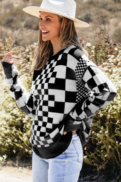 Checker Round Neck Drop Shoulder Sweater Shop Style & More | Fresh Looks, Everyday Deals & Free Shipping